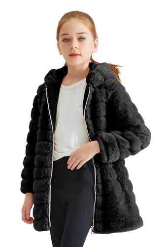 Image of Giolshon Girls Faux Fur Fleece Jacket Sherpa Fuzzy Hoodie Winter Coat with Full Zip Fluffy Outerwear 2169