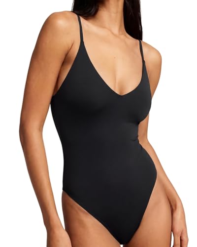 SUUKSESS Women Padded V Neck Double Lined Thong Bodysuits Sexy Adjustable Spaghetti Strap Cami Tank Tops (Black S)