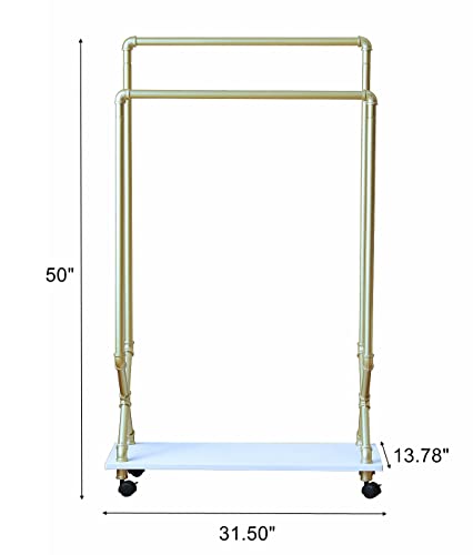 Child Clothes Rack, Kids Garment Rack Armoire Dress-Up Closet, Rolling Pipe Open Clothing Rack With Wood Storage Shelf, Industrial Modern Kids Wardrobe Costume Organizer Center With 2 Hanging Rods #TOP2