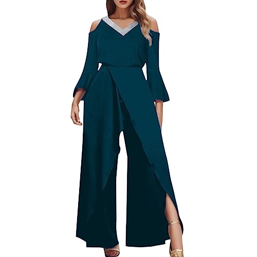 Duohropke Mono Elegante para Mujer con Brillo, Jumpsuit de Tallas Grandes, Conjunto Festivo, Largo, Cuello en V, de Una Pieza, para Boda, Invitada, Playsuits, Fiesta, Romper, Juego de Traje, Pierna