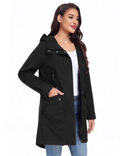 Vancavoo Übergangsjacke Damen Wintermantel Lang Leichte Jacke mit Kapuze Softshellmantel Übergang Mantel Parka Übergangsmantel für Frühling Herbst,Schwarz,M