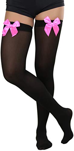 Image of ToBeInStyle Women's Opaque Long Thigh High Stockings w /Decorative Front Satin Bow