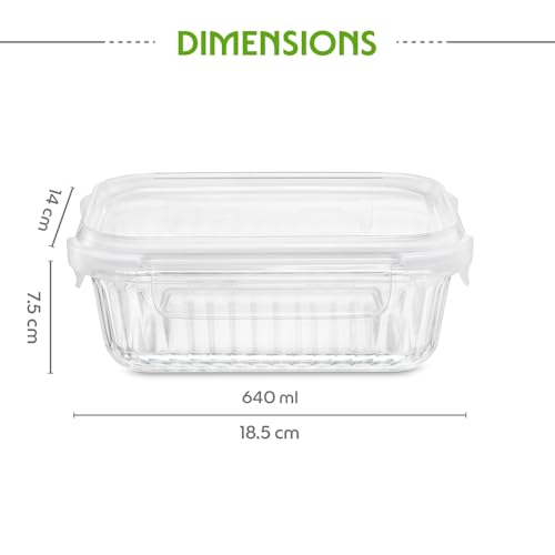 Image of Borosil 640 ml Fluted Klip N Store Rectangle Food Storage Container with Air Tight Glass Lid | Borosilicate Glass Container for Lunchbox | Microwave & Dishwasher Safe | Transparent