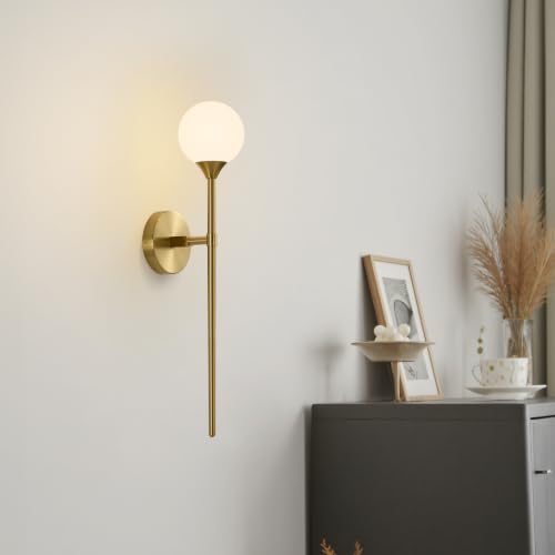 Image of Single Gold Globe Glass Wall Sconce with Milk White Glass Shade