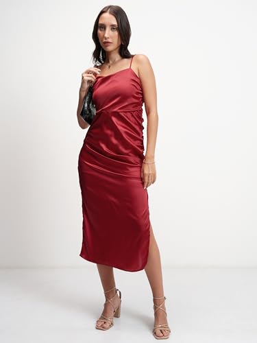 Image of Tokyo Talkies Women's Elegant Shoulder Strap Ruched Sheath Dress | Flattering Short Silhouette for a Chic Look