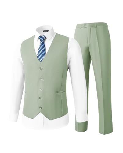HUUTOE Mens Vest and Pants Suit 2 Piece Slim Fit Suits for Wedding Grooms Dress Waistcoat+Pants Casual Prom Tuxedo Set