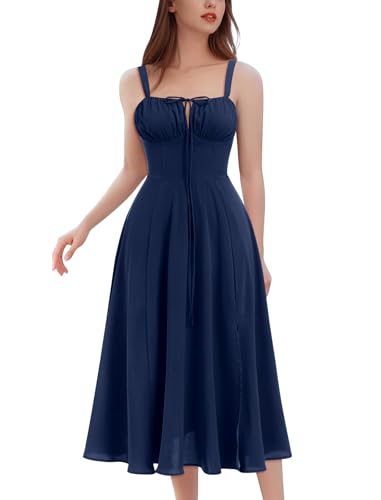 Image of Women Floral Corset Dress 2026 Boho Midi Sundress Summer Dress | Flowy A-Line Dress with Adjustable Spaghetti Straps Lace Up Back Front Slit High Waist for Vacation Wedding Guest