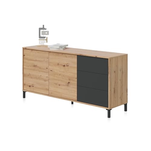 duehome | Aparador 2 Puertas y 3 Cajones, Buffet para Salon, Modelo Lea, Acabado en Color Roble Nodi y Gris Antracita, Medidas: 154 cm (Ancho) x 74 cm (Alto) x 41 cm (Fondo)