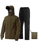 iCreek Rain Suit Waterproof Jacket with Pants 2 Pieces Breathable Lightweight Packable Raincoat with Hooded Rain Gear Unisex（XL, Brown）