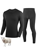 YESWEL 100% Merino Unterwäsche Herren Set, Weich Winter Thermounterwäsche, Warme Merinowolle Skiunterwäsche, Langarm Shirt und Hose Funktionsunterwäsche (Schwarz,M)