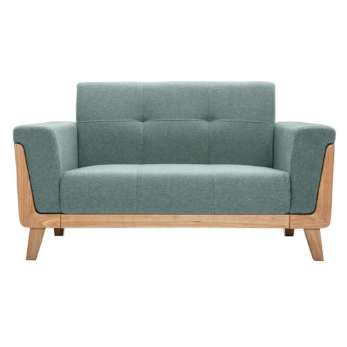 Canapé scandinave 2 places en tissu vert de gris et bois clair FJORD