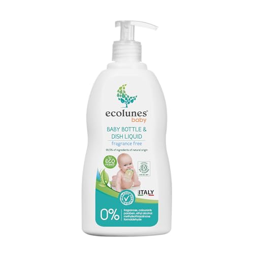 Ecolunes Líquido para biberones y vajilla sin perfume 99,5% ingredientes de origen natural, no provoca alergias, elaborado con detergentes de origen vegetal, testado dermatológicamente, 500 ml