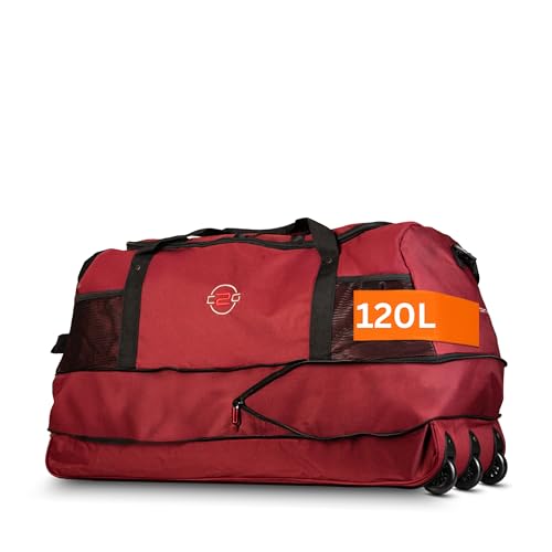 Cocoono XXL Reisetasche mit Rollen – Große Faltbare Rolltasche 120L – Leicht, robust & platzsparend – Sporttasche mit Rollen für Damen & Herren (Rot Steifer-Boden)