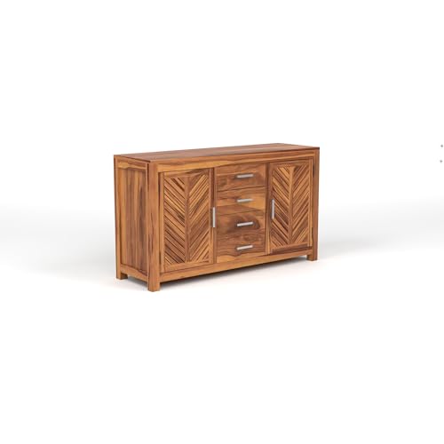 Image of Solid Sheesham Wood Sideboard Cabinet with 4 Drawers & 2 Doors | Rosewood Storage Cabinet for Living Room, Dining Room & Office (Honey Finish)