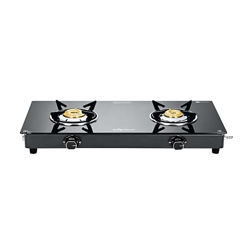 Image of Surya Flame Maestro 2-Burner Gas Stove, Toughened Glass Top, 2 Tri-Pin Brass Burners, Manual Ignition, 69%+ Efficiency, ISI Certified