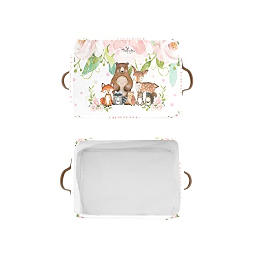 Deven Chic Woodland Animals Pink Floral Personalized Large Storage Baskets For Organizing Shelves With Handle,Closet Decorative Storage Bins For Toy, Bathroom,Nursery,Home 1 Pack #TOP3