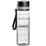 Doseno Reusable Water Bottle, 28OZ Clear Water Bottle with Time Marker, Plastic Water Bottles with Strap, Gym Water Bottles for Men, Black