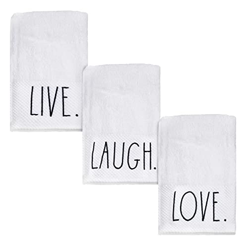 rae dunn hand towels, embroidered decorative hand towel for kitchen and bathroom, 100% cotton, white- live, laugh, love, 16"x 28"