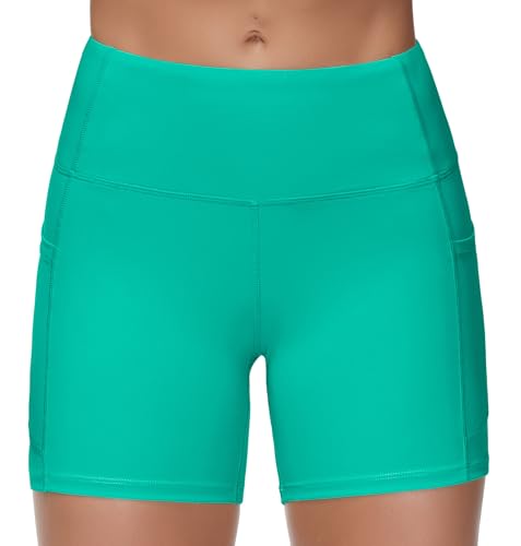 Image of THE GYM PEOPLE High Waist Yoga Shorts for Women's Tummy Control Fitness Athletic Workout Running Shorts with Deep Pockets