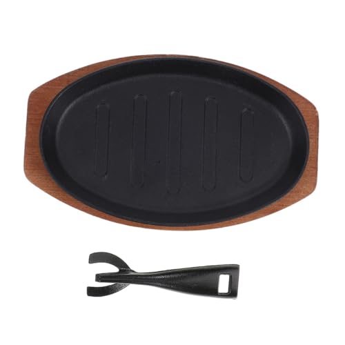 DOITOOL Cast Iron Steak Platter and BBQ Griddle Plate 12-inch with Red Tray and Fork, Non-Stick Teppanyaki Sizzling Pan for Indoor Western BBQ Cooking and Serving
