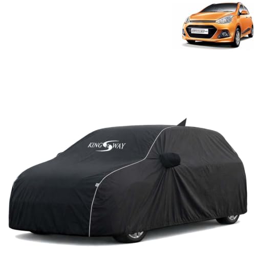 Image of KINGSWAY Super Waterproof Car Cover Only with Hyundai Grand I10 (Year 2013 to 2017 - All Model) | Mirror and Antenna Pockets | All Weather Car Body Cover with Silver Piping | Black