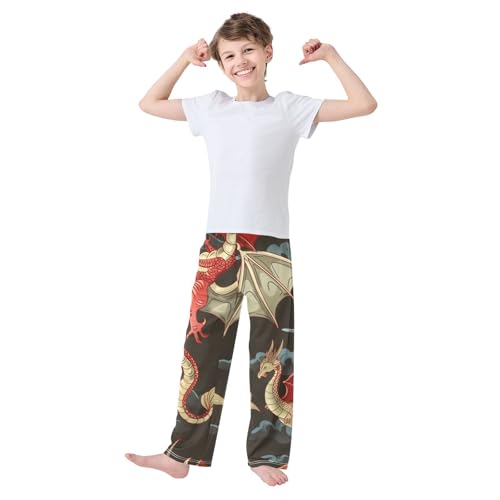 Flying Dragon Print Boys Long Pants Soft Trousers Elastic Waist Kids Lounge Bottoms with Pockets S-XL3