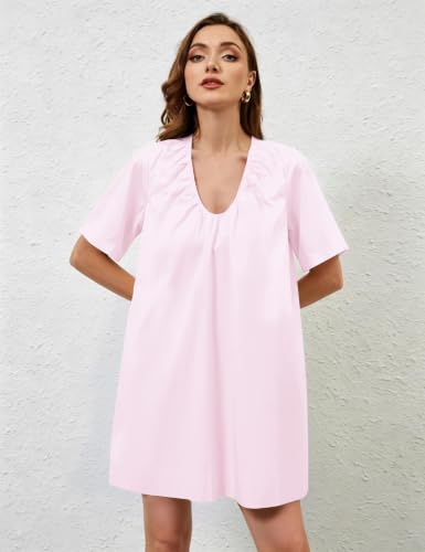Image of Women Summer Sleeveless Babydoll Mini Dress Scoop Neck Loose Fit Tank Dresses Party Ruched Short Dress with Pockets