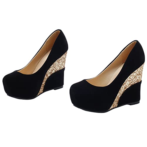 UniqueStride Womens Wedge High Heel Platform Faux Suede Pumps Sequins Glitter Heels Closed Toe Party Wedding Bridal Shoes3