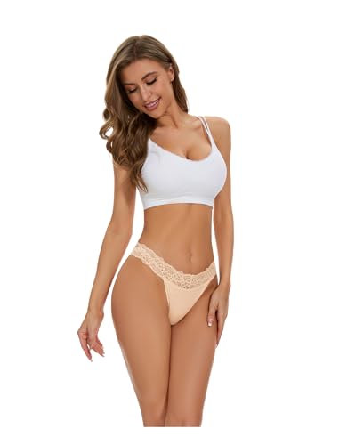 Image of voenxe Seamless Thong for Women,No Show Lace Underwear,Ladies Cotton Blend Breathable Panties,Comfort Soft Undie,Tanga,5-Pack