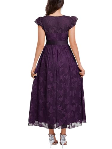 Image of Women's Casual Tulle Midi Dress Ruffle Sleeve Crewneck Lace Flowy Dresses Party Wedding Guest Sundress