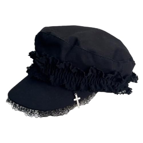 Japanese Women Double Layers Lace Beret Cap Fashion Girls Gothic Punk Cross Pendant Octagonal Hat Street Photography Hat Black