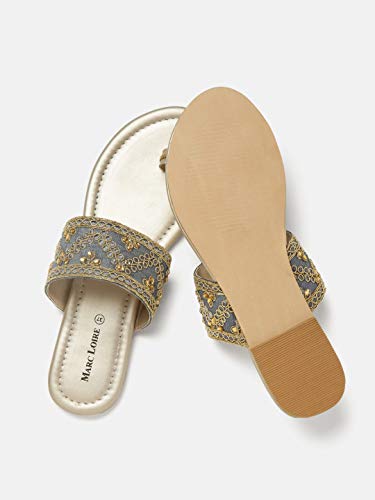 Marc Loire Women's Grey Embroidered Slip On Flip Flop Ethnic Flats Chappal