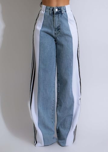 Women’s Jeans with Patchwork Stripes,High Waisted Straight Stretchy Loose Color Block Wide Leg Denim Pants (Black Green,Large)3