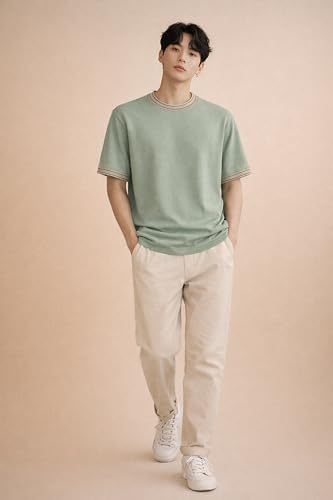 Image of London Hills Men's Solid Round Neck t Shirt for man | Tshirt for man | Mens Tshirt | t Shirt | Tshirts for Men,| Men t-Shirts with Contrast Tipping | Round Neck t Shirts for menn