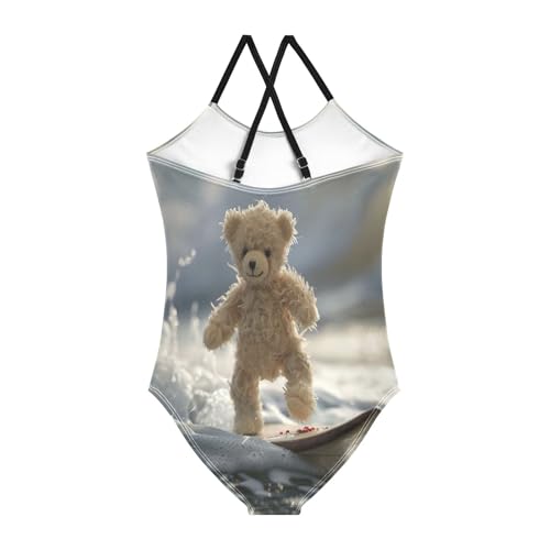 Teddy Bear Surfing Girls' Swimwear with Adjustable Shoulder Strap, 3-10T Beach Bathing Suit, Girls Athletic Swimsuit2