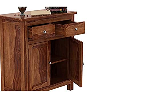 Image of SHIKHA WOOD CRAFT Solid Sheesham Wood Sideboard Cabinet with 2 Drawers and 2 Doors Storage | Wooden Multipurpose Cabinet Storage Furniture for Living Room, Bedroom, Hotel, and Kitchen (Brown Finish)