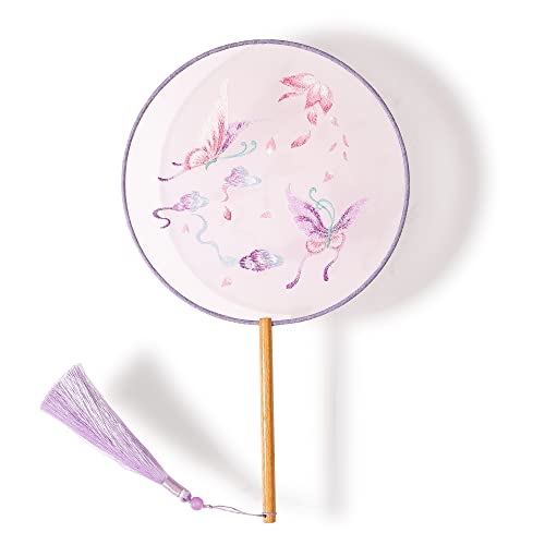 YUELAI Chinese Fan Embroidery Hand Circular Fan, China Han Ancient Dance Translucent Silk Round Fan