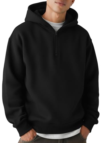 HAWILAND Men's Quarter Zip Up Hoodies Casual Work Long Sleeve Fleece Hooded Sweatshirt Streetwear Black L