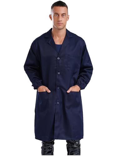 ACSUSS Men Women Jacket V Neck Top Durability Coat Dustproof Overall Resistant Blouse Lab Coat Navy Blue Medium