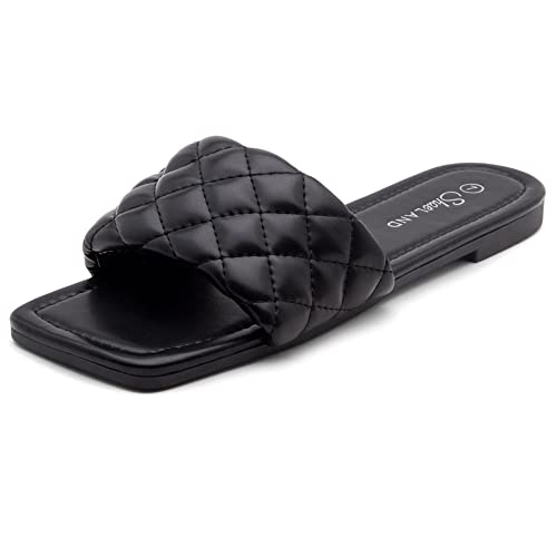 Shoe Land Womens Anisha Square Open Toe Quilted Flat Slide Sandal, Black, Size 11 #TOP20