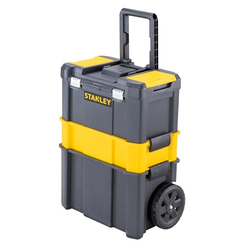 STANLEY Essential Rollende Werkstatt (3-in-1 stapelbare Boxen, leerer Werkzeugkasten, belastbar bis zu 20kg, mit Metallverschlüsse, Organizer für Kleinteile im Deckel) STST1-80151