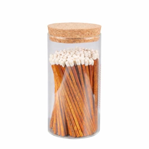 Meya Luxury Colored Safety Matches | 4-Inch Long Matches in Glass Jar | Perfect for Lighting Candles | 150 Pieces | 10 Candles and Extra Empty JAR Gift (Brown Handle White Tip)