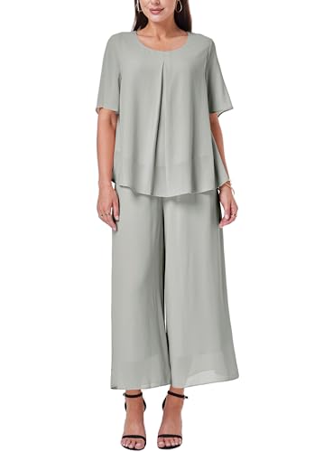 Women's 2 Piece Chiffon Sets Outfits Flowy Summer Casual Dressy Pantsuits Loose Double Layers Blouse Pants Sets