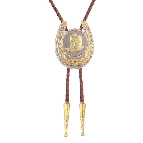 Image of Jeilwiy Bolo Tie for Men, Western Cowboy Golden Longhorn Bull Eagle Horse Cowboy Hat Bolo Necklace Leather Necktie for Women