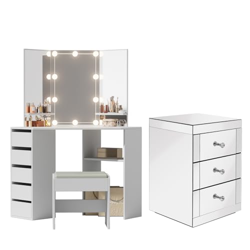 Joiemebi Comodino a 3 Cassetti con Specchio E Set di Comò con Specchio, Tavolo da Trucco Illuminato con Sgabello per la Camera da Letto (Bianco)