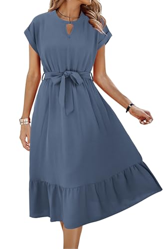 Image of ECOWISH Womens Casual Midi Dresses Solid V Neck Short Sleeve Button Shirt Belted Dress with Pockets for Spring Summer 2026