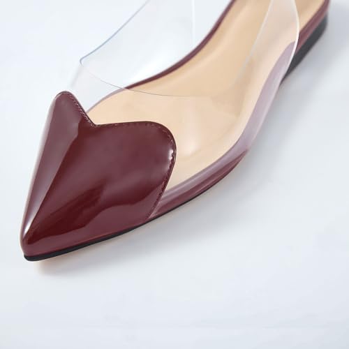 Wrynthevia VogueVent Women's Fashion Pointed Toe Heart Transparent PVC Slingback Flat Shoes Comfort Slip On Cap Toe Clear Ballet Flats Work Wedding Dress Flat Shoes for Women Burgundy Size 93