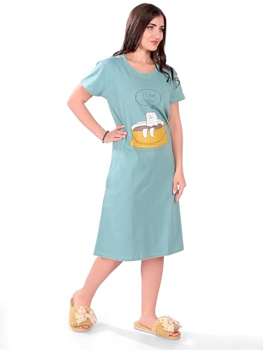 Image of Printed Knee Length Pocket Night Dresses for Women | Cat Lover | Premium Soft Cotton Nighty | Blue and Maroon