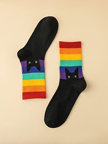 OYOANGLE Women's 1 Pair Striped Rainbow Cat Print Crew Socks Ribbed Knit Socks2