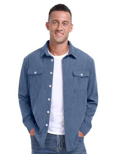 Askdeer Men's Corduroy Button Down Shirts Long Sleeve Casual Shacket Jacket Western Corduroy Shirt Jacket with Flap Pockets, A09 Light Blue, XX-L - Image 4
